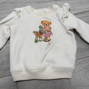 Ralph Lauren Baby Girl Sweatshirt 9M Cream Teddy Bear Ruffle Shoulders Cute